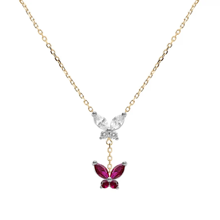 Collier papillons serti d’oxydes blancs et fuchsia – Argent 925 doré | Azuline