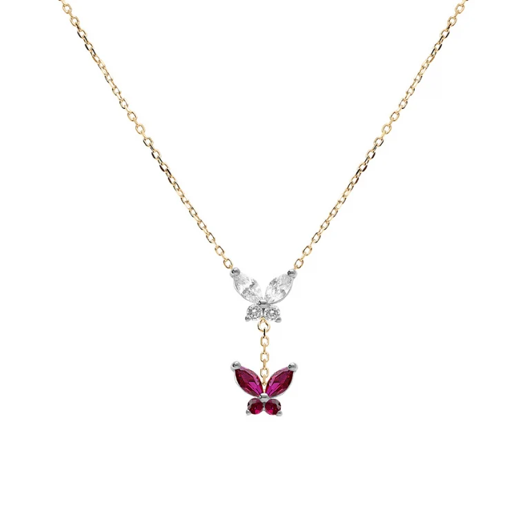 Collier papillons serti d’oxydes blancs et fuchsia – Argent 925 doré | Azuline
