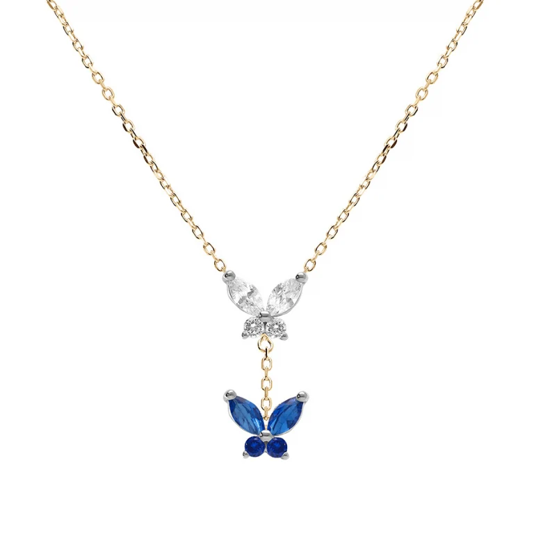 Collier papillons serti d’oxydes blancs et bleus – Argent 925 doré | Azuline