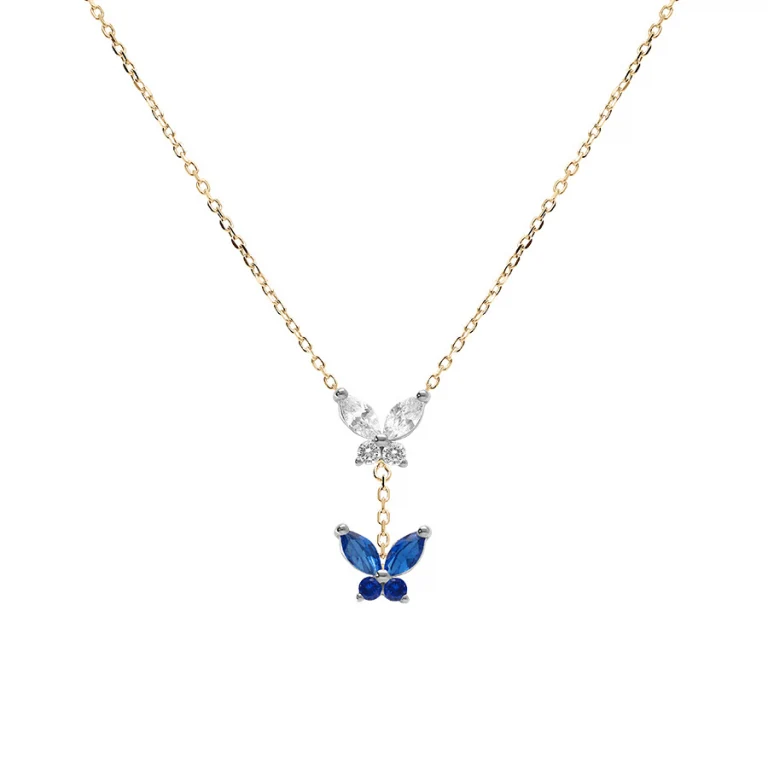 Collier papillons serti d’oxydes blancs et bleus – Argent 925 doré | Azuline