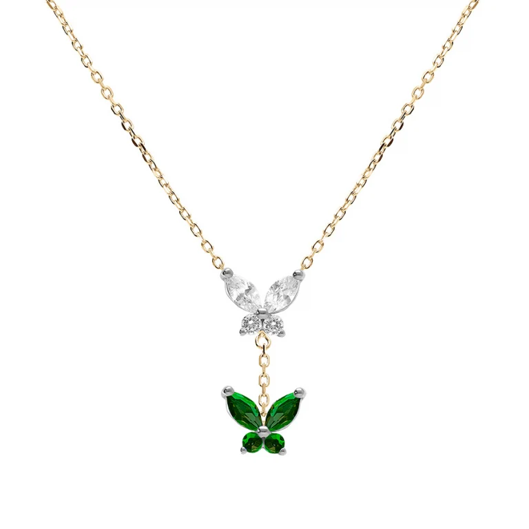 Collier papillon serti d’oxydes blancs et verts foncés – Argent 925 doré | Azuline