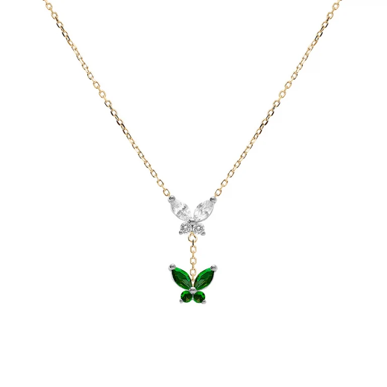 Collier papillon serti d’oxydes blancs et verts foncés – Argent 925 doré | Azuline