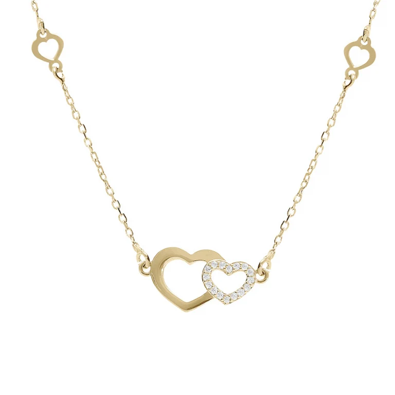 Collier deux cœurs lisses partiellement pavés – Argent 925 doré | Azuline