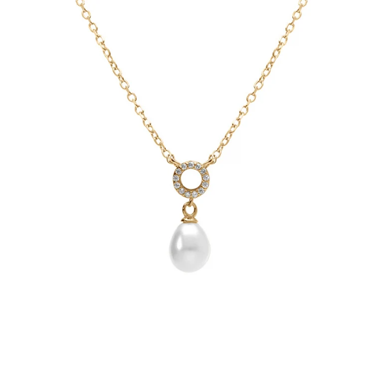 Collier cercle serti d’oxydes et perle goutte imitation – Argent 925 doré | Azuline
