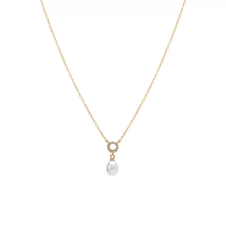 Collier cercle serti d’oxydes et perle goutte imitation – Argent 925 doré | Azuline