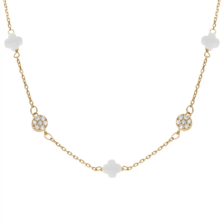 Collier trèfles en verre blanc et pastilles d’oxydes – Argent 925 doré | Azuline