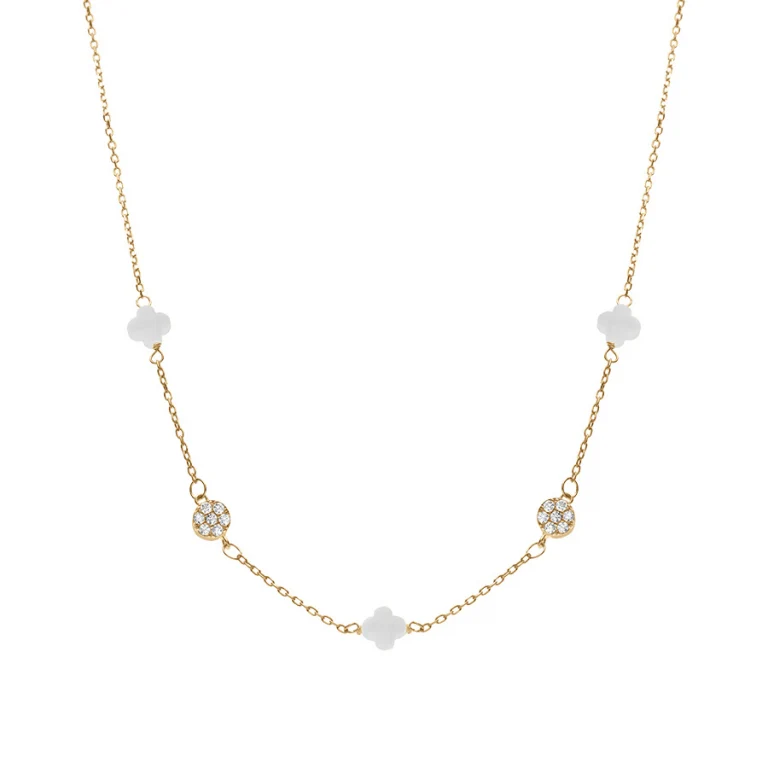 Collier trèfles en verre blanc et pastilles d’oxydes – Argent 925 doré | Azuline