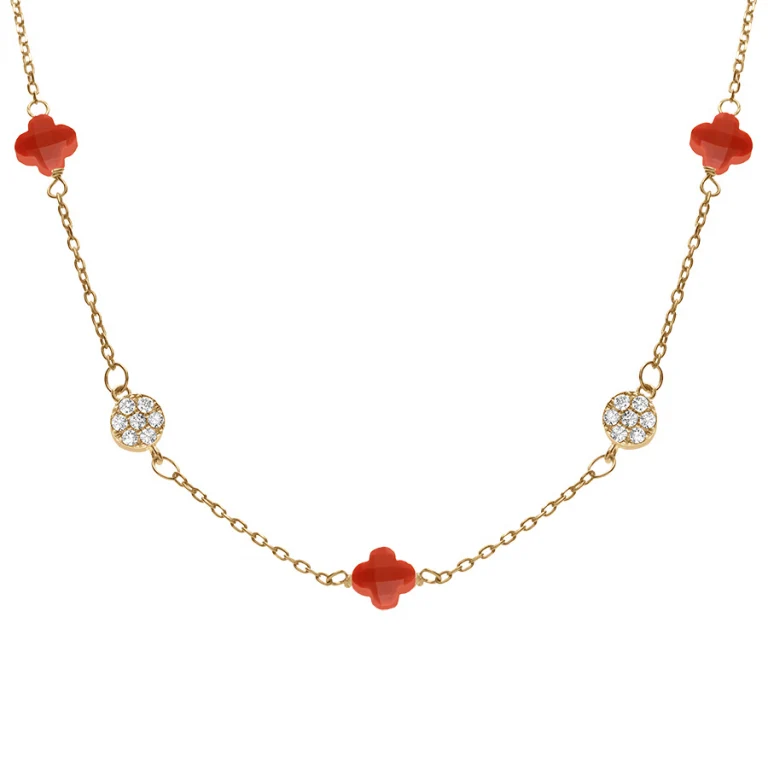 Collier trèfles en verre corail et pastilles d’oxydes – Argent 925 doré | Azuline