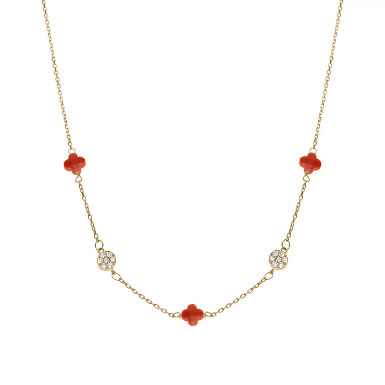 Collier trèfles en verre corail et pastilles d’oxydes – Argent 925 doré | Azuline
