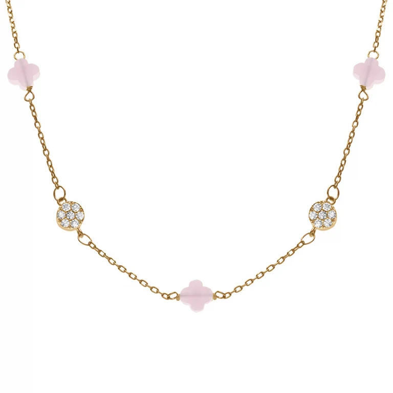 Collier trèfles en verre rose et pastilles d’oxydes – Argent 925 doré | Azuline