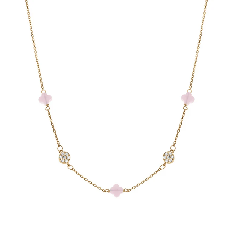 Collier trèfles en verre rose et pastilles d’oxydes – Argent 925 doré | Azuline