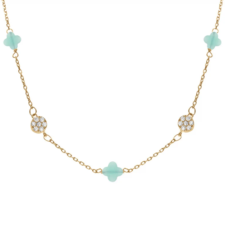 Collier trèfles en verre bleu glacier et pastilles d’oxydes – Argent 925 doré | Azuline