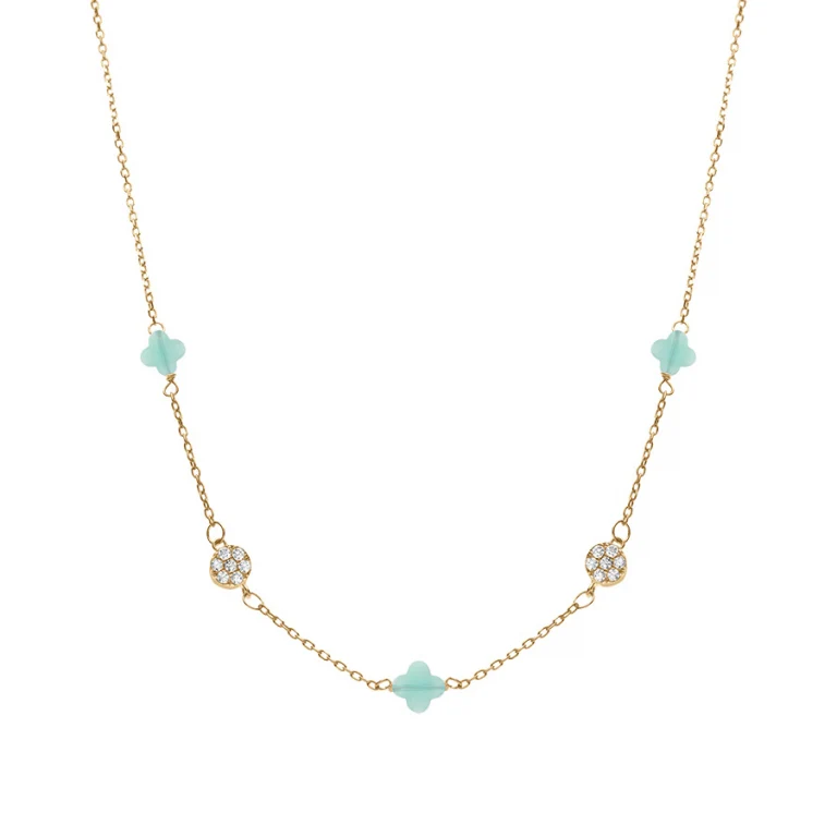 Collier trèfles en verre bleu glacier et pastilles d’oxydes – Argent 925 doré | Azuline