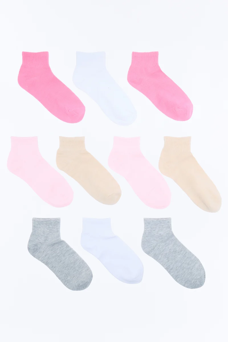 10 Pack Quarter Length Socks - Pink/combo