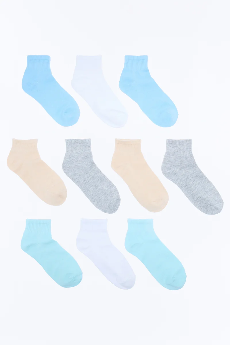 10 Pack Quarter Length Socks - Blue/combo