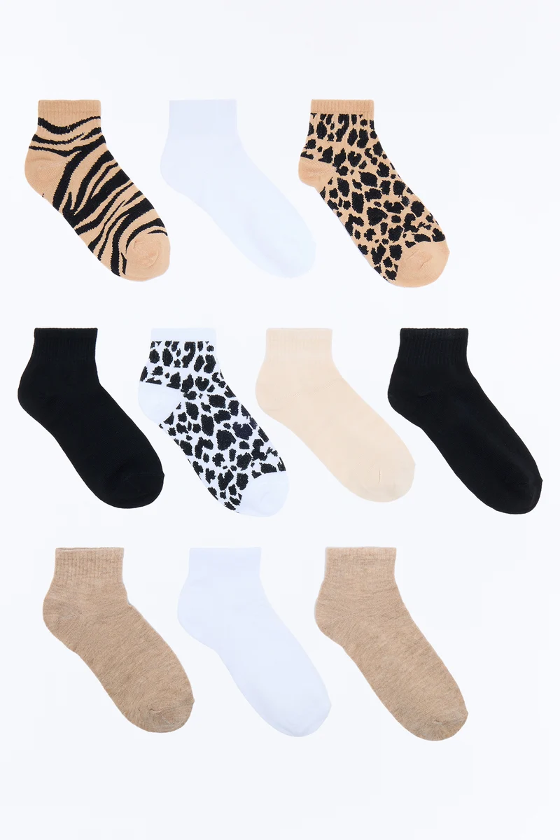 10 Pack Wild Animal Quarter Length Socks - Brown/combo