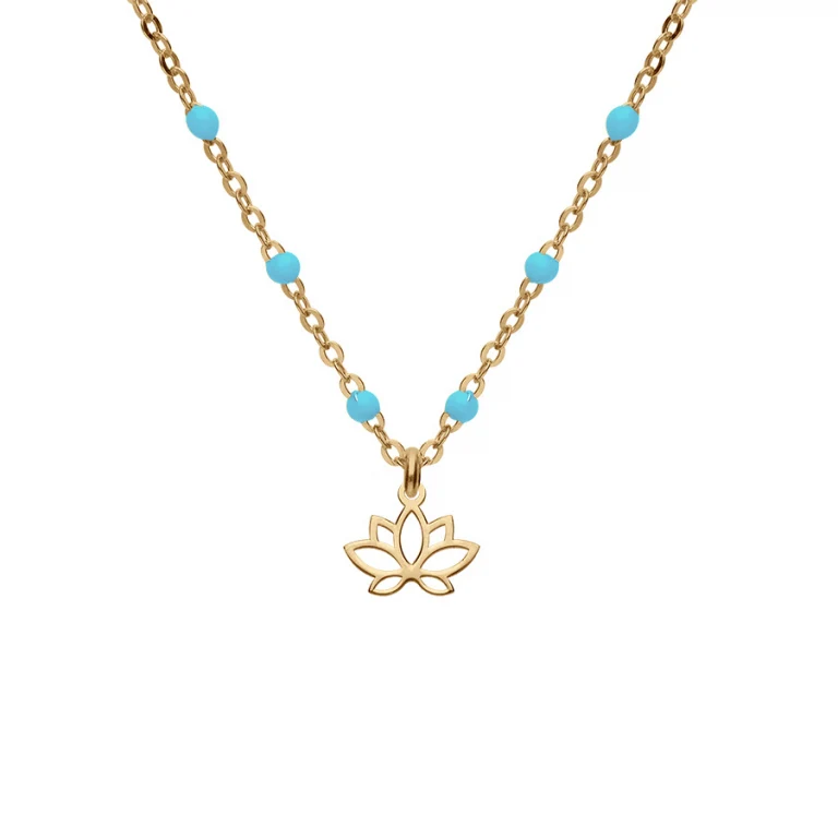 Collier fleur de lotus et boules en résine turquoise imitation – Argent 925 doré | Azuline