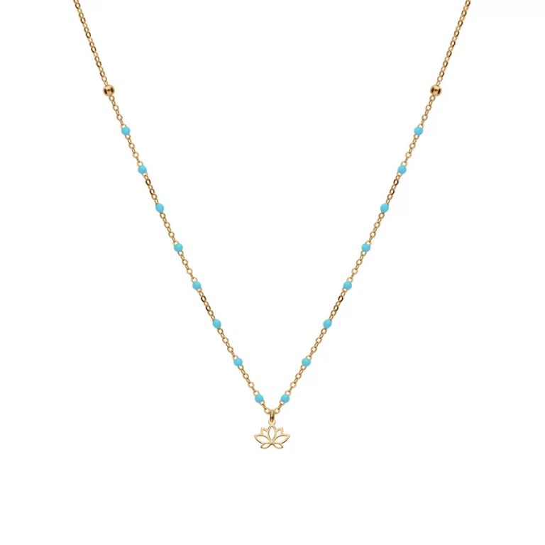Collier fleur de lotus et boules en résine turquoise imitation – Argent 925 doré | Azuline