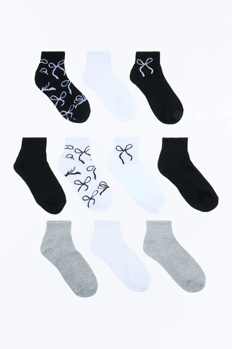 10 Pack Bow Quarter Length Socks - Black/combo