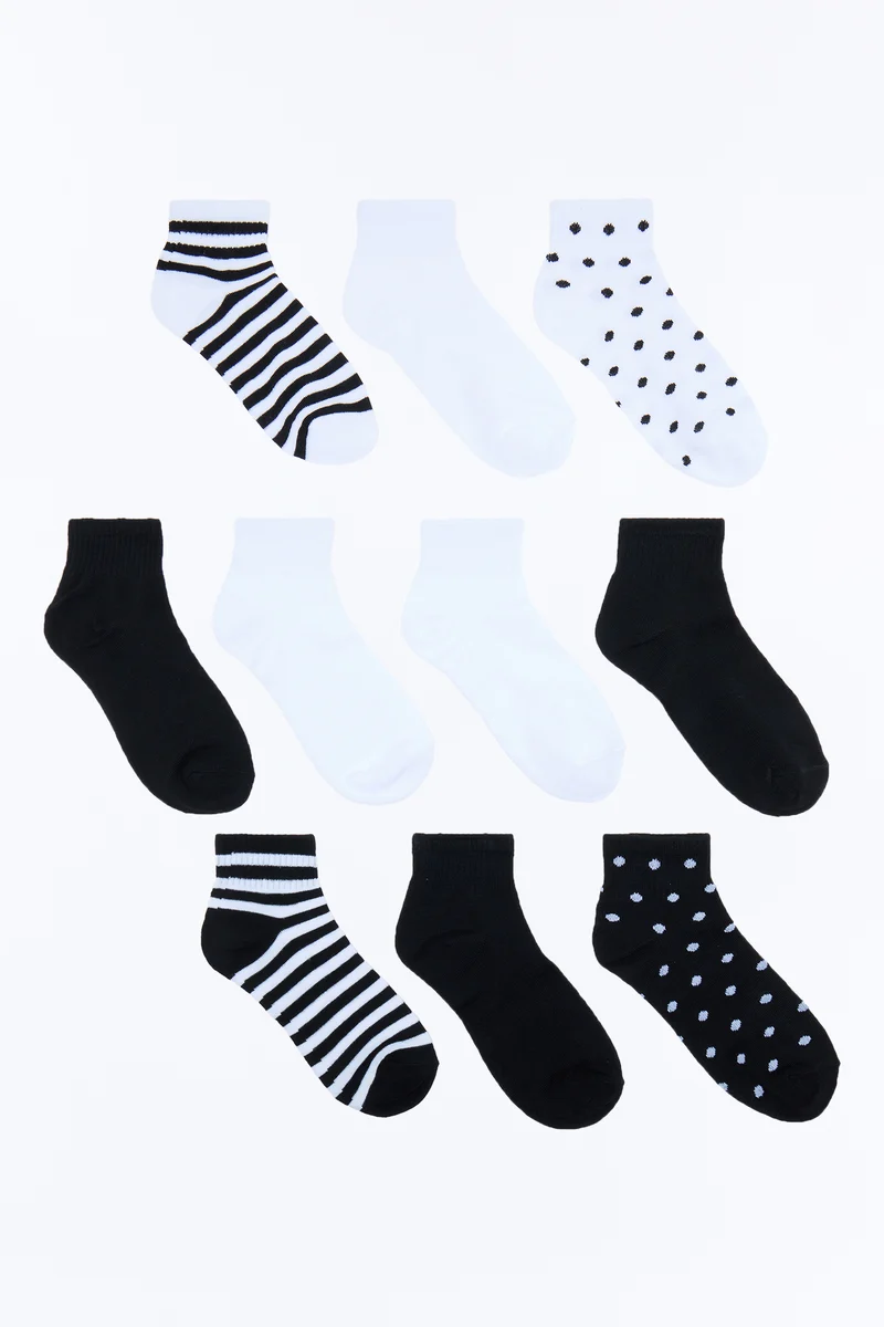 10 Pack Dots And Stripes Quarter Length Socks - Black/combo