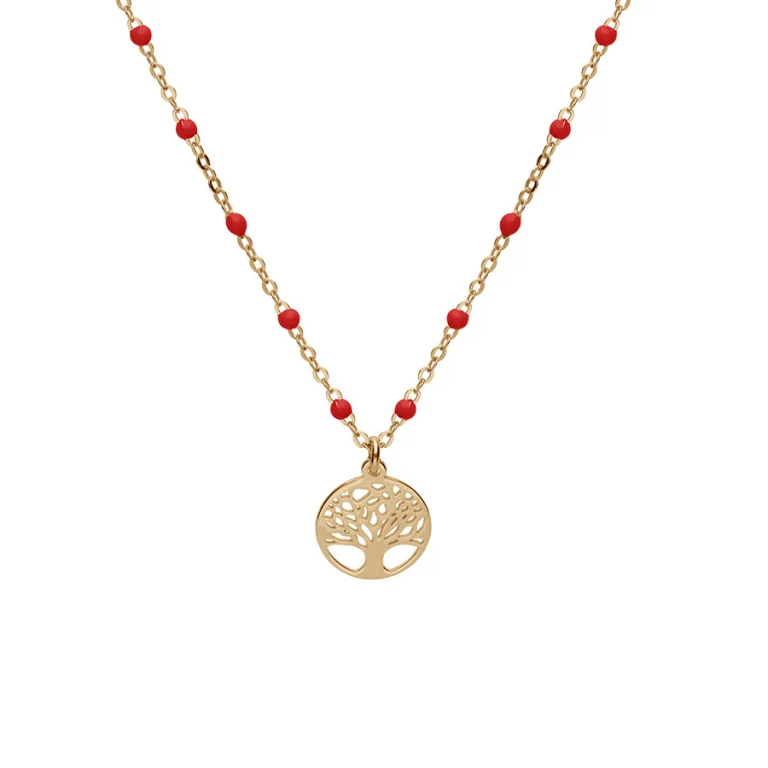 Collier arbre de vie et boules en résine rouges – Argent 925 doré | Azuline