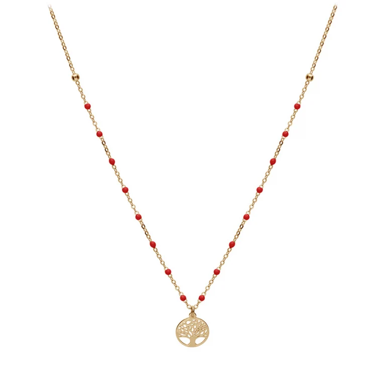 Collier arbre de vie et boules en résine rouges – Argent 925 doré | Azuline
