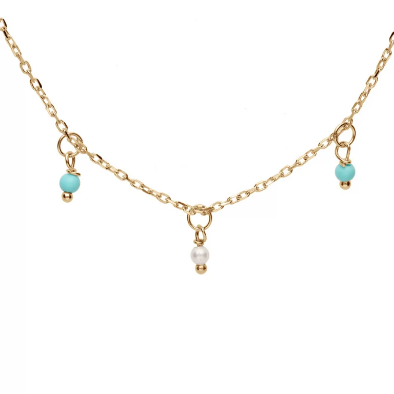 Collier pampilles de boules en résine blanches et turquoise imitation – Argent 925 doré | Azuline