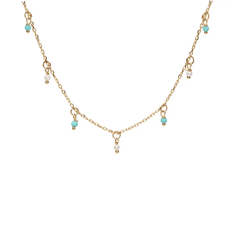 Collier pampilles de boules en résine blanches et turquoise imitation – Argent 925 doré | Azuline