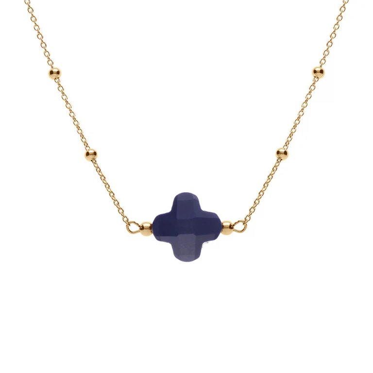 Collier trèfle à verre facetté bleu marine – Argent 925 doré | Azuline