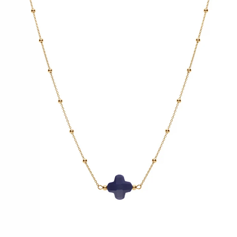 Collier trèfle à verre facetté bleu marine – Argent 925 doré | Azuline