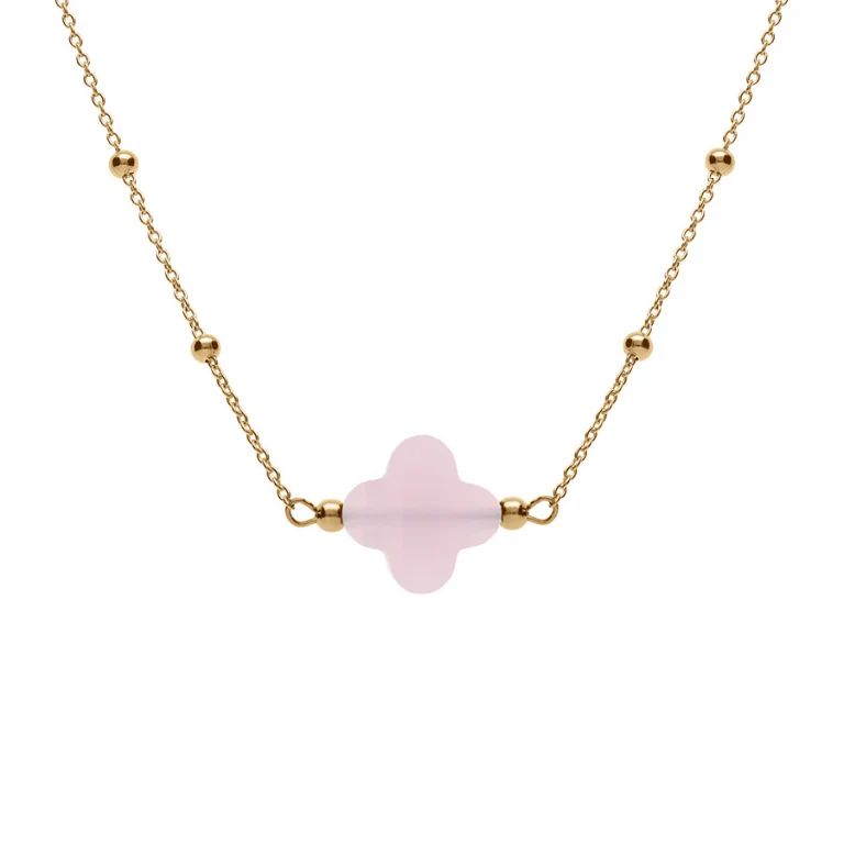 Collier trèfle en verre rose et chaîne à boules – Argent 925 doré | Azuline