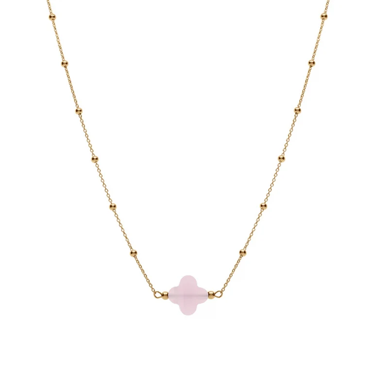 Collier trèfle en verre rose et chaîne à boules – Argent 925 doré | Azuline