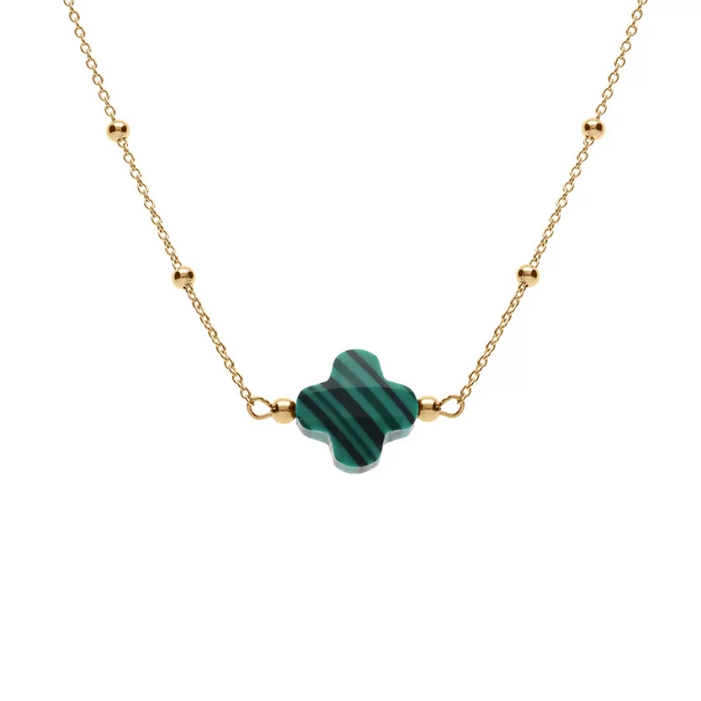 Collier trèfle en verre vert et chaîne à boules – Argent 925 doré | Azuline