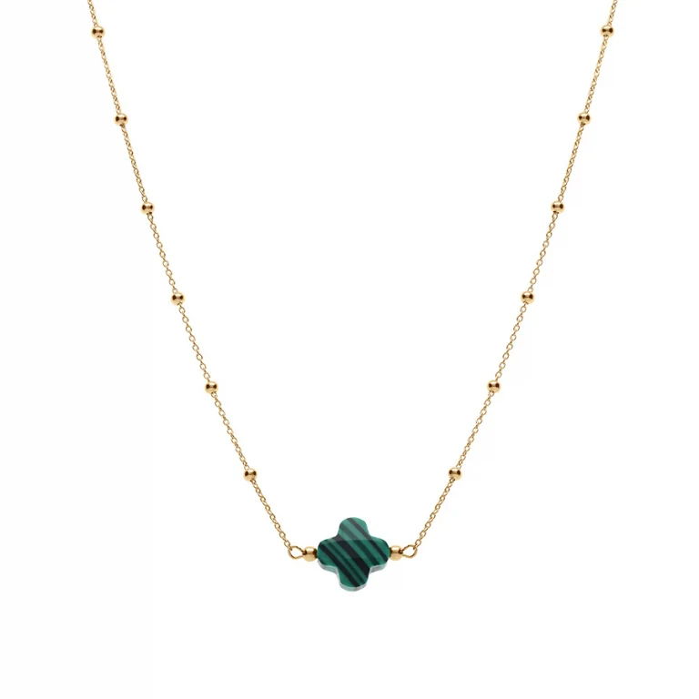 Collier trèfle en verre vert et chaîne à boules – Argent 925 doré | Azuline