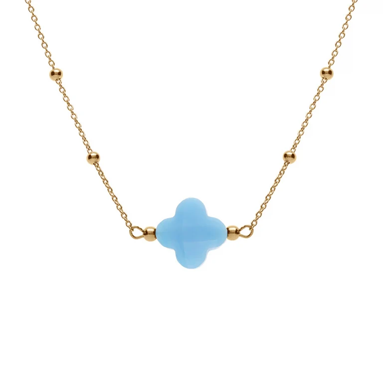 Collier trèfle en verre bleu ciel et chaîne à boules – Argent 925 doré | Azuline