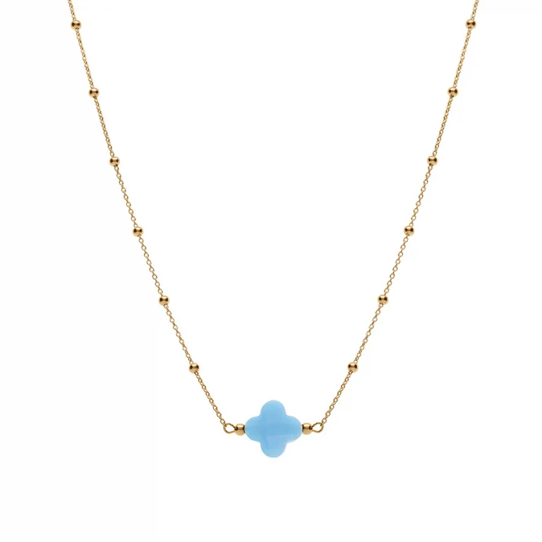 Collier trèfle en verre bleu ciel et chaîne à boules – Argent 925 doré | Azuline
