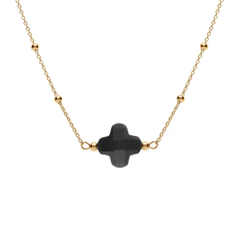 Collier trèfle à verre facetté noir – Argent 925 doré | Azuline