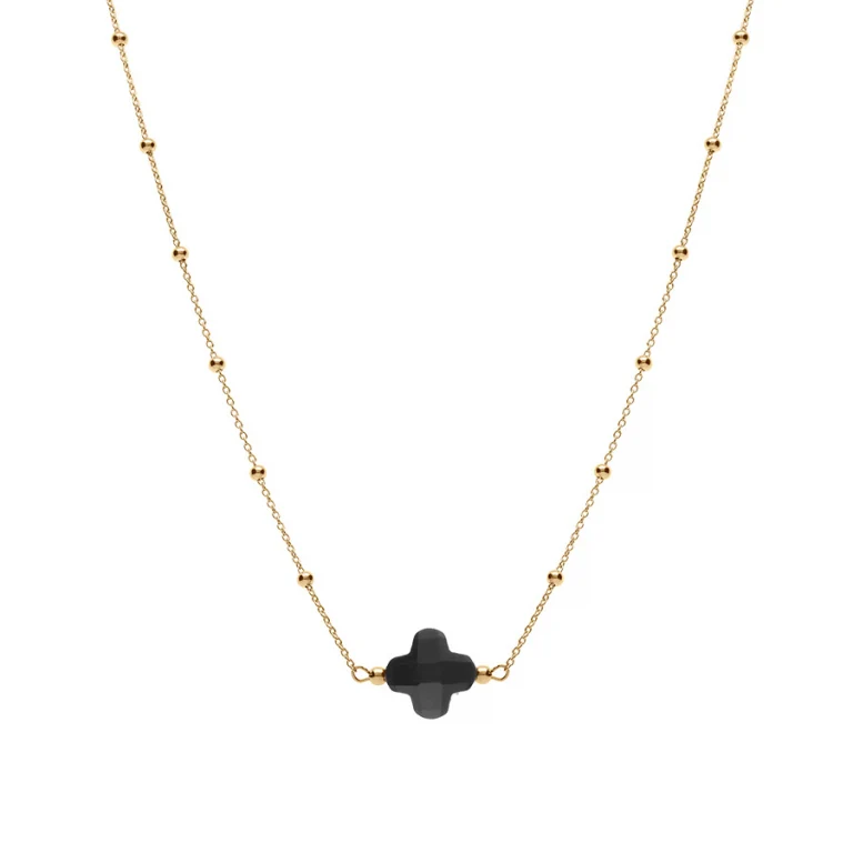 Collier trèfle à verre facetté noir – Argent 925 doré | Azuline