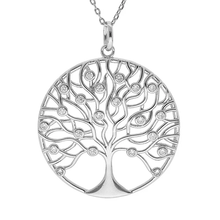 Collier arbre de vie ajouré serti d’oxydes blancs 30 mm – Argent 925 rhodié | Azuline