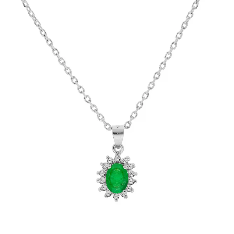 Collier ovale à émeraude véritable et topazes blanches – Argent 925 rhodié | Azuline