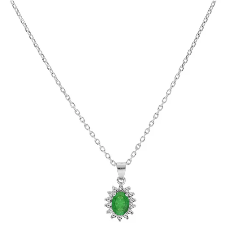 Collier ovale à émeraude véritable et topazes blanches – Argent 925 rhodié | Azuline