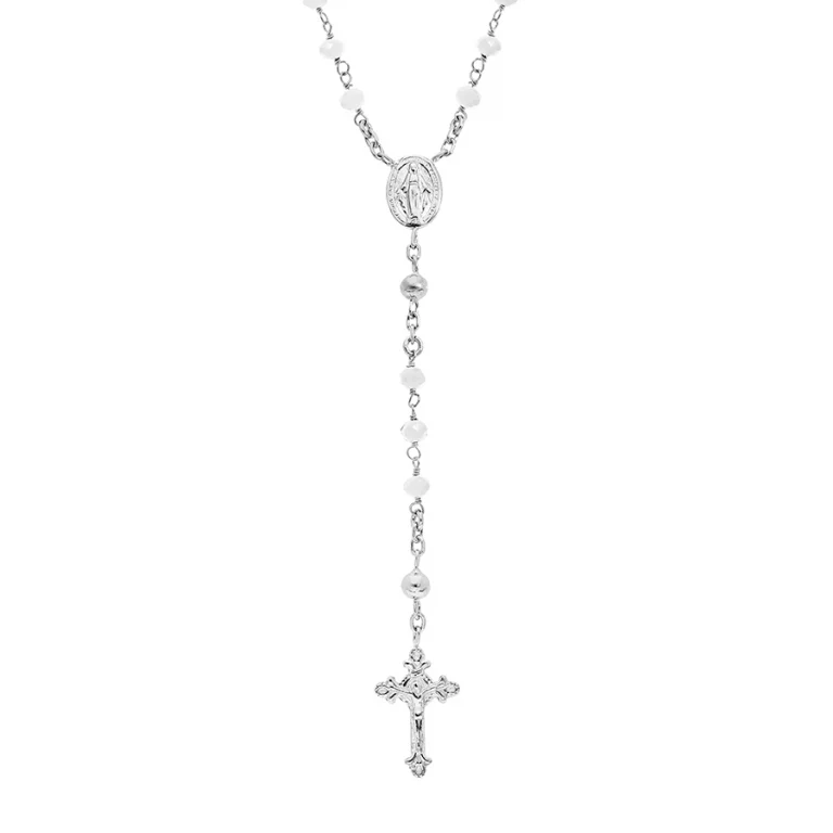 Collier long chapelet à perles de verre blanches 55 cm – Argent 925 rhodié | Azuline