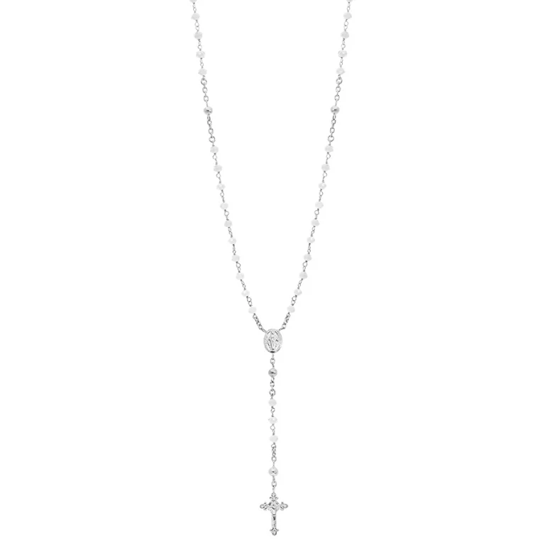 Collier long chapelet à perles de verre blanches 55 cm – Argent 925 rhodié | Azuline