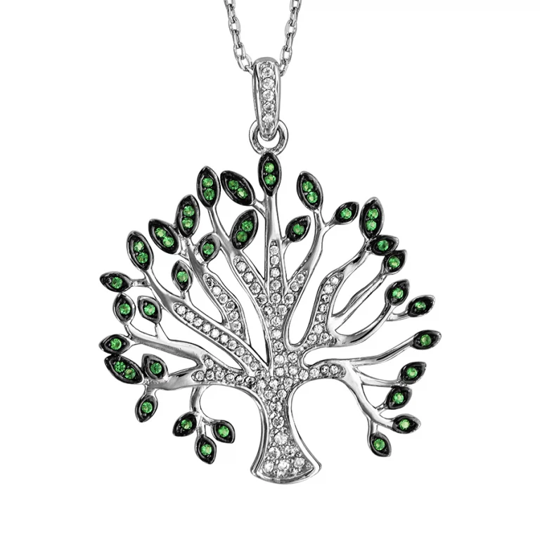 Collier arbre de vie serti d’oxydes blancs et verts ajouré – Argent 925 rhodié | Azuline