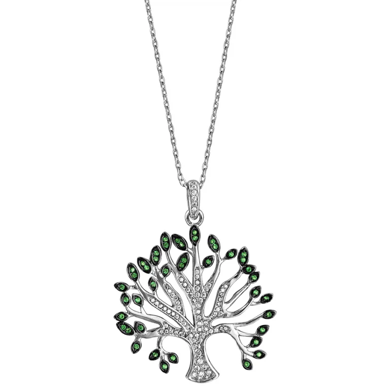 Collier arbre de vie serti d’oxydes blancs et verts ajouré – Argent 925 rhodié | Azuline