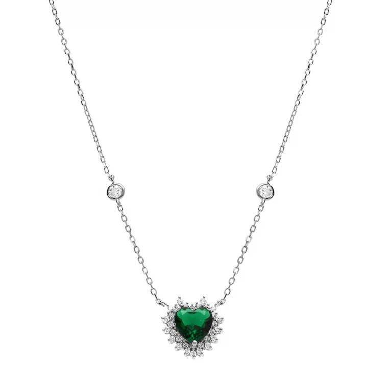 Collier cœur à oxyde vert et oxydes blancs petit modèle – Argent 925 rhodié | Azuline