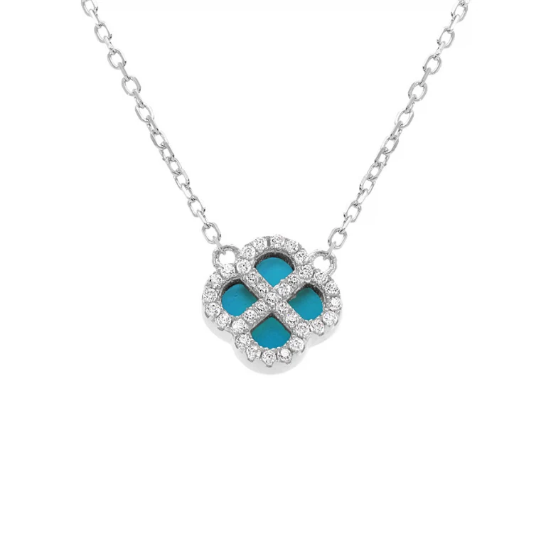 Collier trèfle à imitation turquoise, oxydes blancs – Argent 925 rhodié | Azuline
