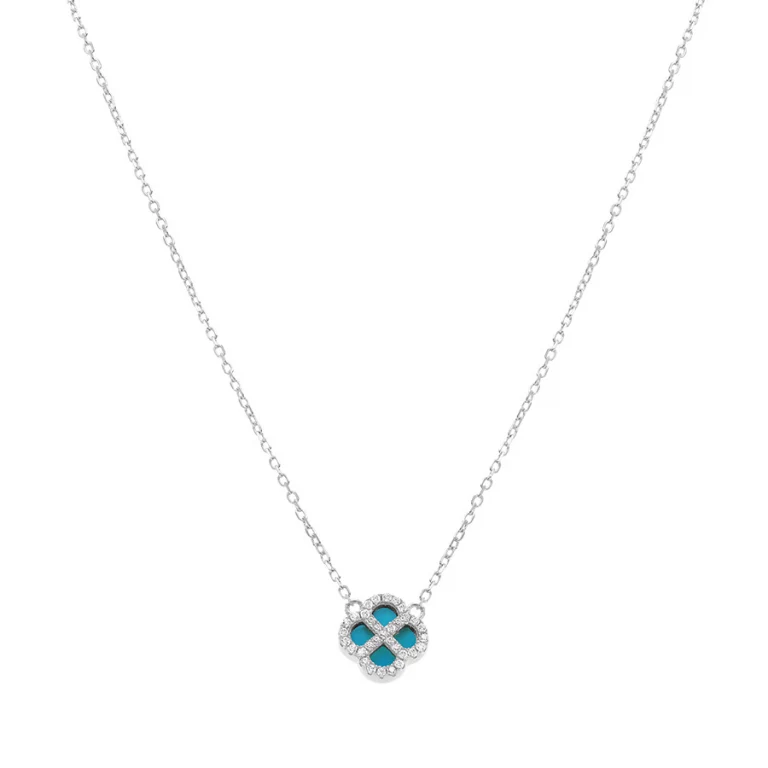 Collier trèfle à imitation turquoise, oxydes blancs – Argent 925 rhodié | Azuline