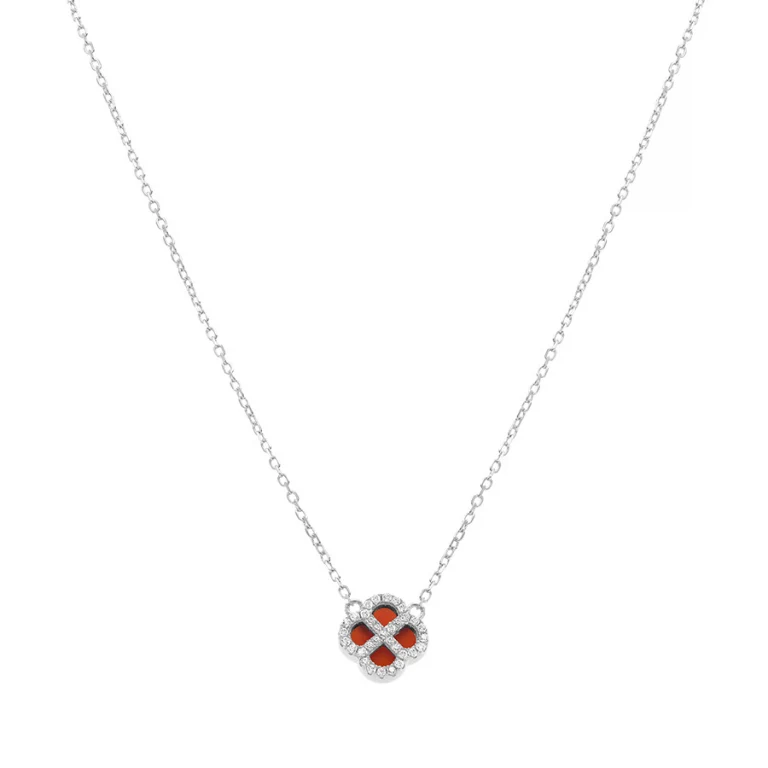 Collier trèfle à agate rouge véritable, oxyde blanc – Argent 925 rhodié | Azuline