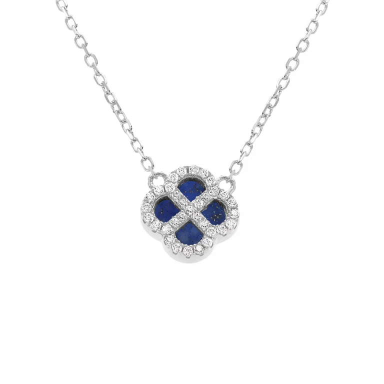 Collier trèfle à verre bleu foncé et oxydes blancs – Argent 925 rhodié | Azuline